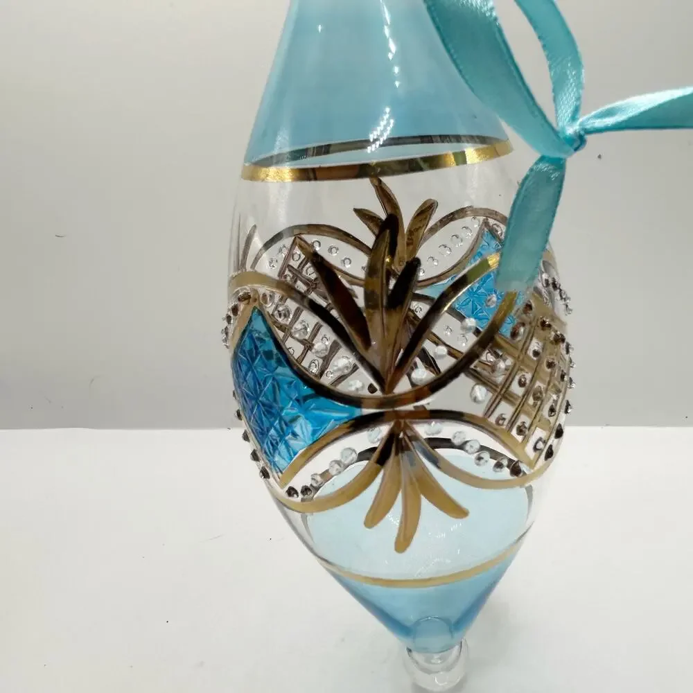 Egyptian Hand Blown Fancy Blue 24K Gold Etched Glass Christmas Ornament EUC